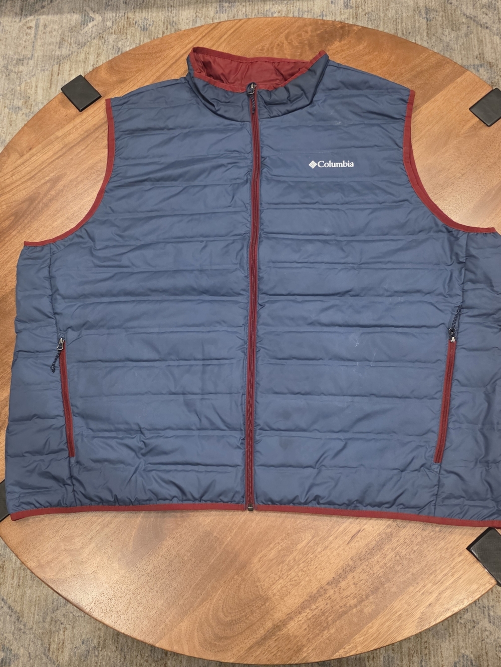 Columbia Navy Puffer Vest with Burgundy Trim